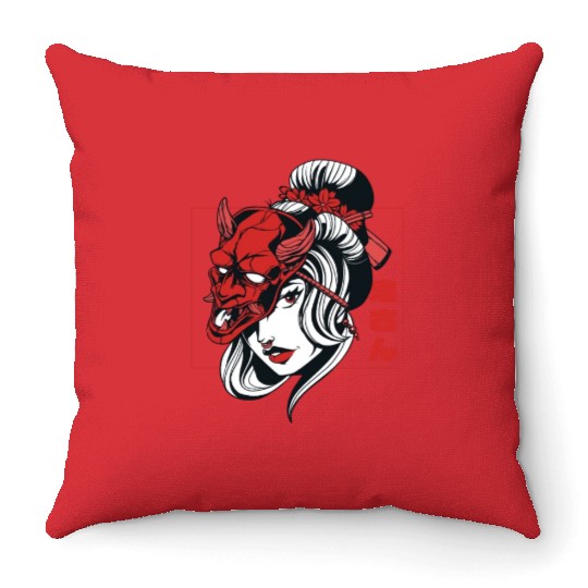 Oni Mask Samurai Demon Girl Japanese Anime Shinobi Throw Pillows