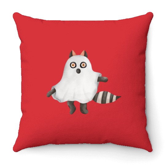 Raccoon in ghost Halloween costume Throw Pillows