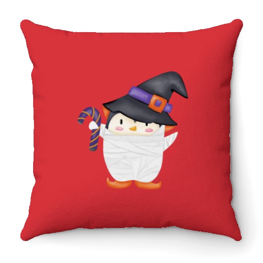 Halloween Penguin in a mummy costume Throw Pillows