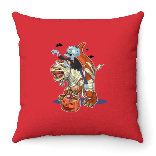 Halloween monster riding dinosaur mummy Throw Pillows