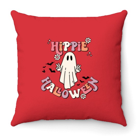 Retro Hippie Halloween Cute Ghost Throw Pillows