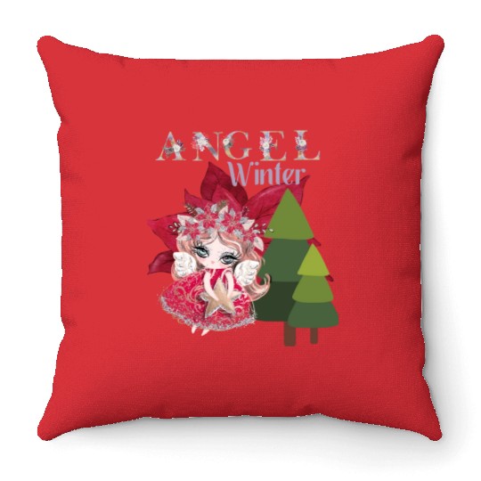 Winter Angel Christmas Tree Poinsettia Throw Pillows