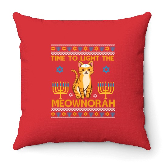 Light The Meownorah Jewish Cat Menorah Lover Ugly Throw Pillows