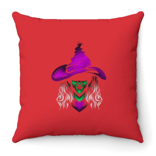 Evil Witch With Green Skin And Purple Hat For Throw Pillows