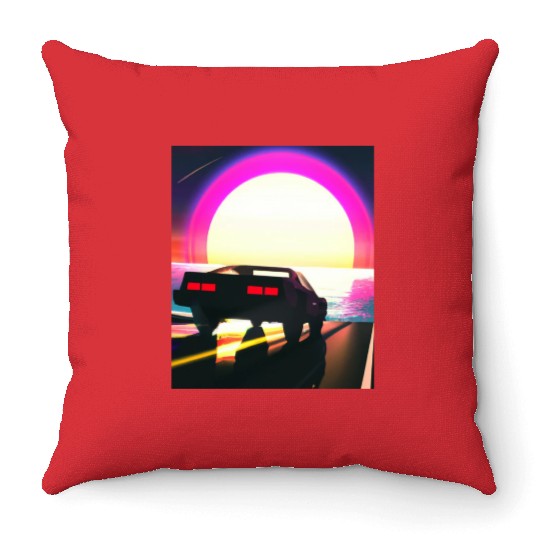 Synthwave Outrun Sports Car Driving Into A Sunset Throw Pillows