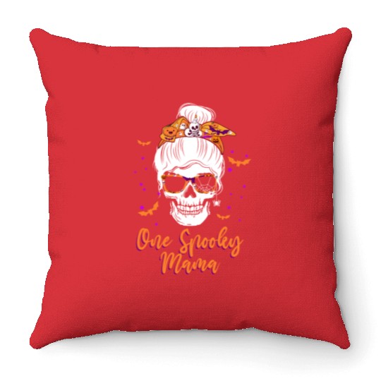 One Spooky Mama Skull Pumpkin Halloween Throw Pillows
