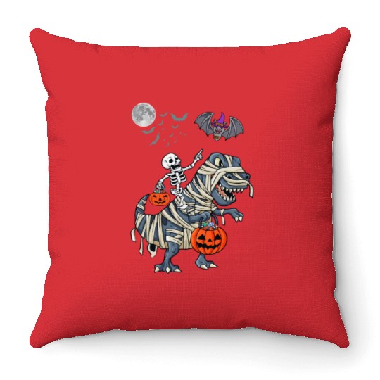 Funny Skeleton Riding Mummy dinosaur Halloween Throw Pillows