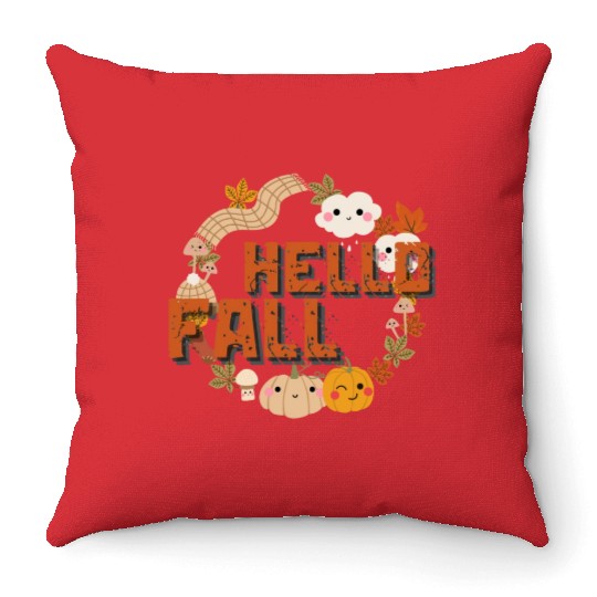 Hello Fall Cute Nature Autumn leaves Pumpkins Throw Pillows