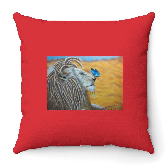 Rasta lion and blue butterfly Throw Pillows