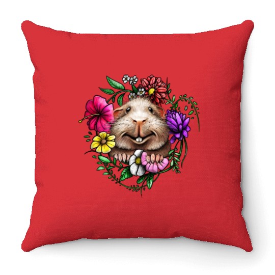 Smooth Hair Guinea Pig With Colorful Flowers Throw Pillows