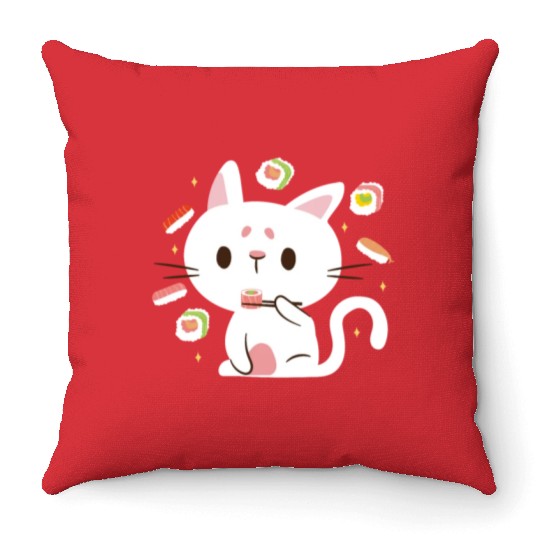 Kawaii Cat Eating Sushi Japanese Raw Food Throw Pillows