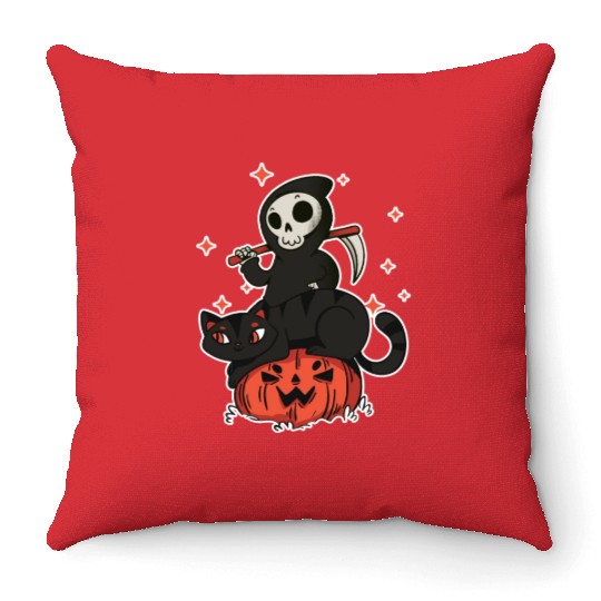 Grim Reaper On A Halloween Pumpkin A Trick Or Throw Pillows