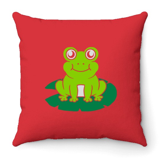 Cute frog sitting water lily Throw Pillows
