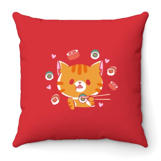 Kawaii Cat Eating Sushi Japanese Raw FoodKawaii Throw Pillows