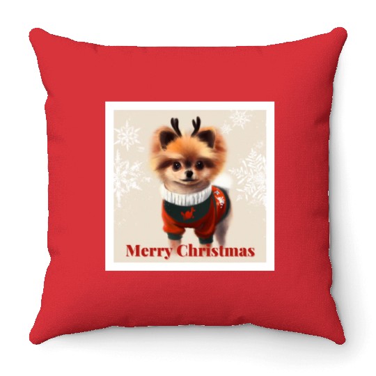 Sweet Miniature Spitz pomeranian in a Christmas. Throw Pillows