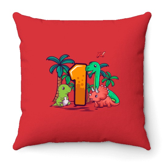1st Birthday T-Rex Triceratops Dinosaur 1 Year Throw Pillows