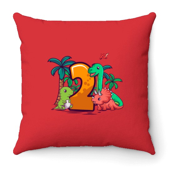2nd Birthday Trex Triceratops Dinosaur 2 Year Throw Pillows