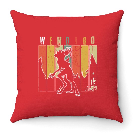 Retro Folk Wendigo Halloween Cryptid Monster Throw Pillows