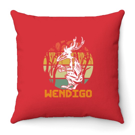 Vintage Folk Wendigo Halloween Cryptid Monster Throw Pillows