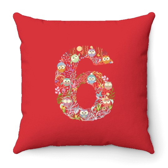 OWL Butterfly Flower Sixth Birthday Girl Number Si Throw Pillows