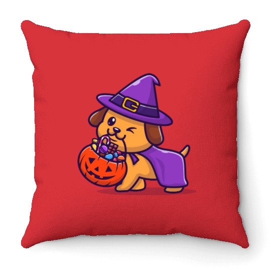 Dog witch with a pumpkin - Halloween Throw Pillows
