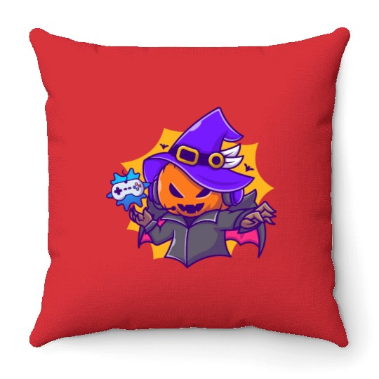 Gamer witches pumpkin vampire - halloween Throw Pillows
