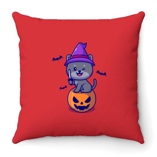 Cat Witch On A Pumpkin - Halloween Throw Pillows