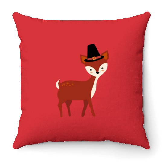 Thanksgiving Deer Wearing Pilgrim Hat Throw Pillows