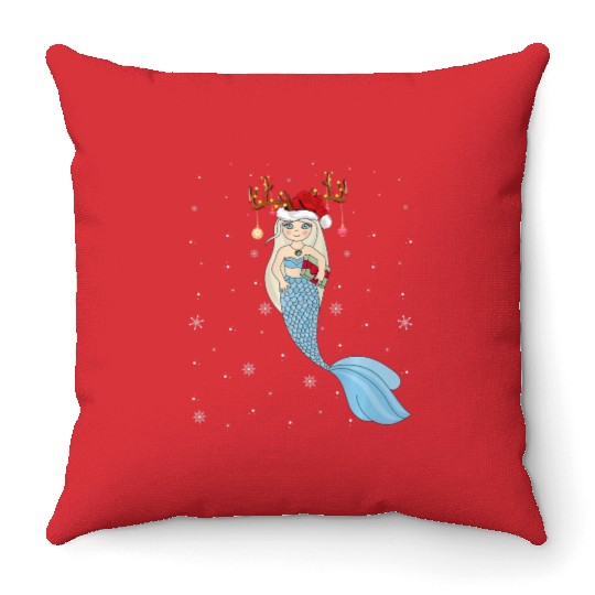 Mermaid Lover Xmas Reindeer Santa Hat Mermaid Throw Pillows