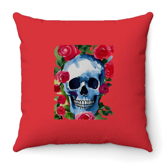 Skull and Roses - Garden Of Roses Throw Pillows