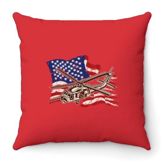 Helicopter with american flag background - chopper Throw Pillows