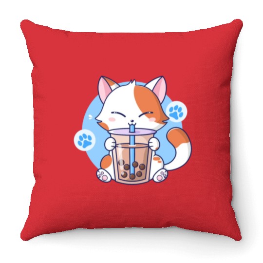Cat Boba Tea Bubble Tea Kawaii Anime Japanese Neko Throw Pillows