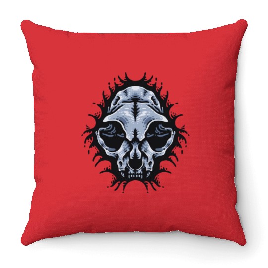 Cat Skull Bursting out gray scale oddities Throw Pillows