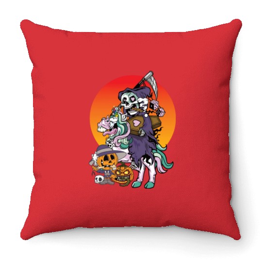 Unicorn Halloween Pumpkin Grim Reaper Throw Pillows