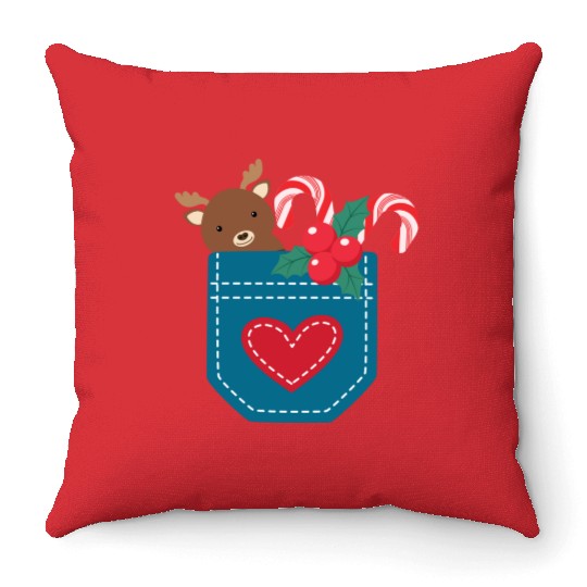 Christmas moose peppermint pocket Throw Pillows