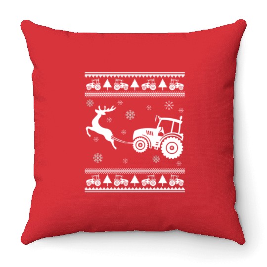 Farm Tractor Reindeer Fun Christmas Sweater Farmer Throw Pillows
