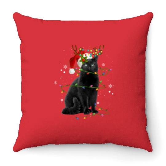 Black Cat Christmas Santa Xmas Light Cat Christmas Throw Pillows