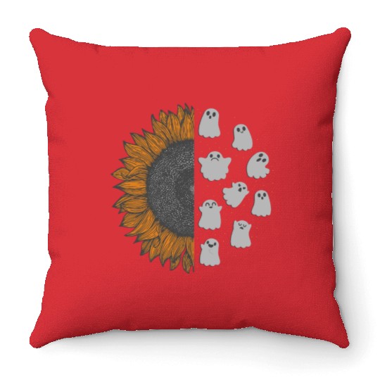 Halloween Theme Cute Ghost Sunflower Coffee Lover Throw Pillows