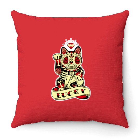 lucky cat Skull Candy Throw Pillows