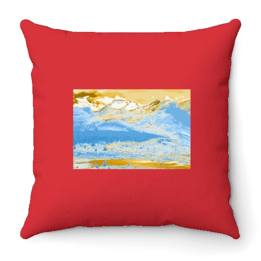 Golden Blue Mountain Lake Throw Pillows