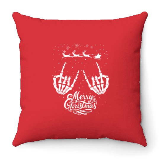 Rock On Rock Star Christmas Skeleton Hands Santa Throw Pillows