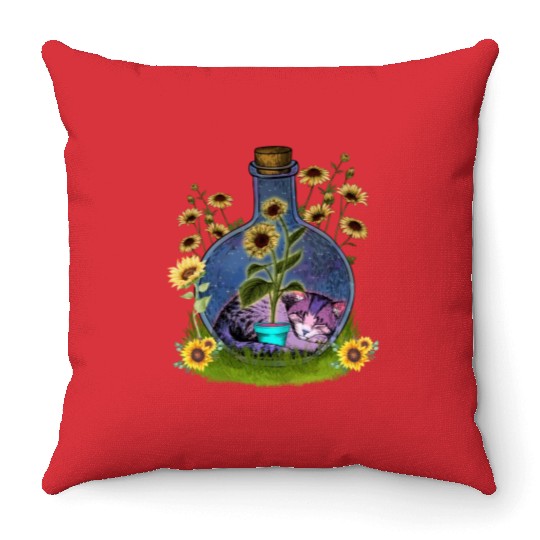 Cat Nap In A Jar Throw Pillows