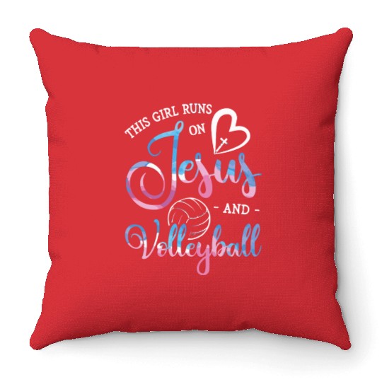 This Girl Runs On Jesus And Volleyball Player Chri Throw Pillows