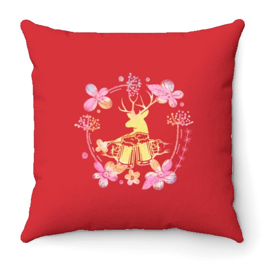 Women Deer Flowers Beer Oktoberfest Throw Pillows