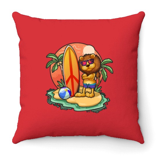 Funny Lion Surf Lovers Cool Surfboard Surfing Pun Throw Pillows