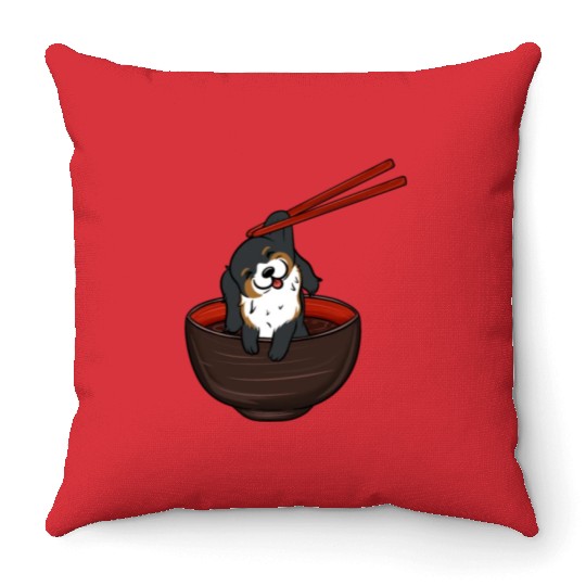 Bernese Mountain Dog Dipping Noodles Throw Pillows