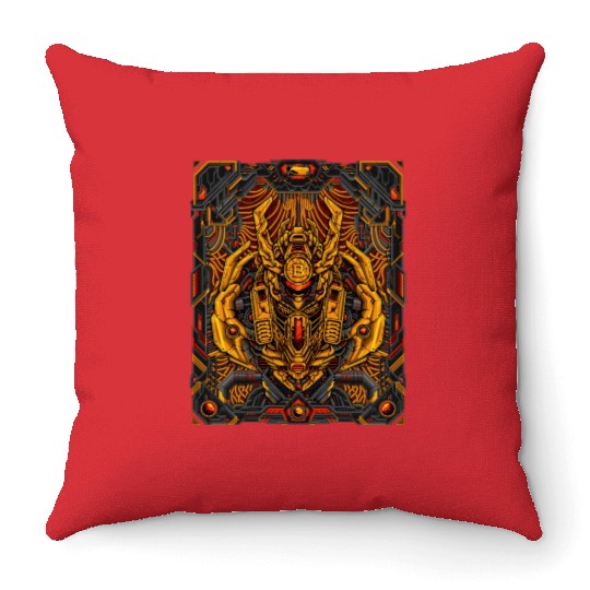 Fiery Mecha Bitcoin Titan Throw Pillows