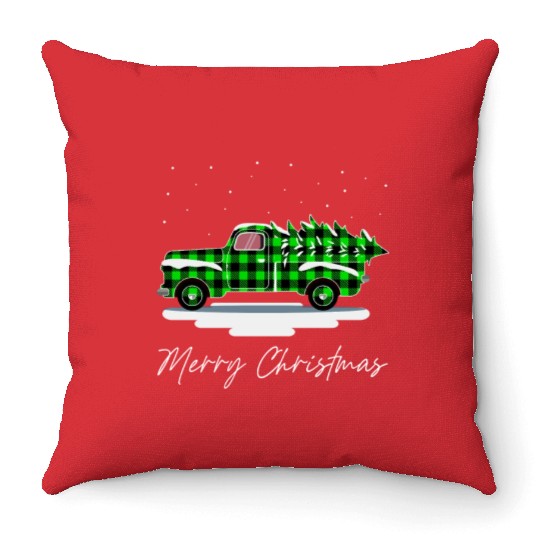 Truck Merry Christmas Buffalo Plaid Green Xmas Throw Pillows