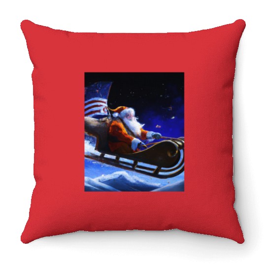Patriotic Christmas Santa Claus With Sled And US Throw Pillows