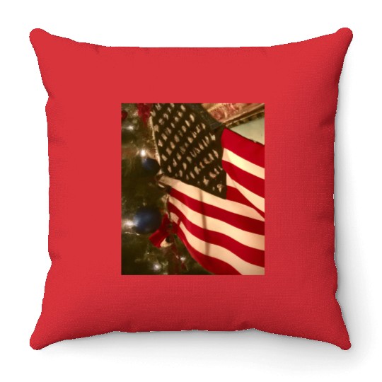 Patriotic Christmas US Flag And Christmas Tree Throw Pillows